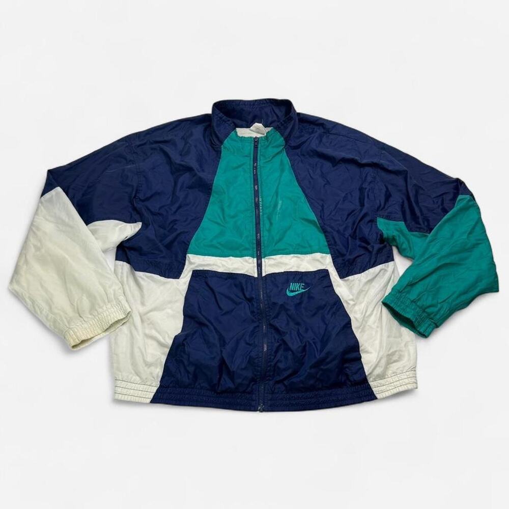 Vintage 90s Nike Gray Tag Colorblock Windbreaker Jacket XL Blue Teal White